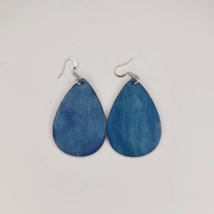 Wood Teardrop Earrings Handpainted Blue NWOT